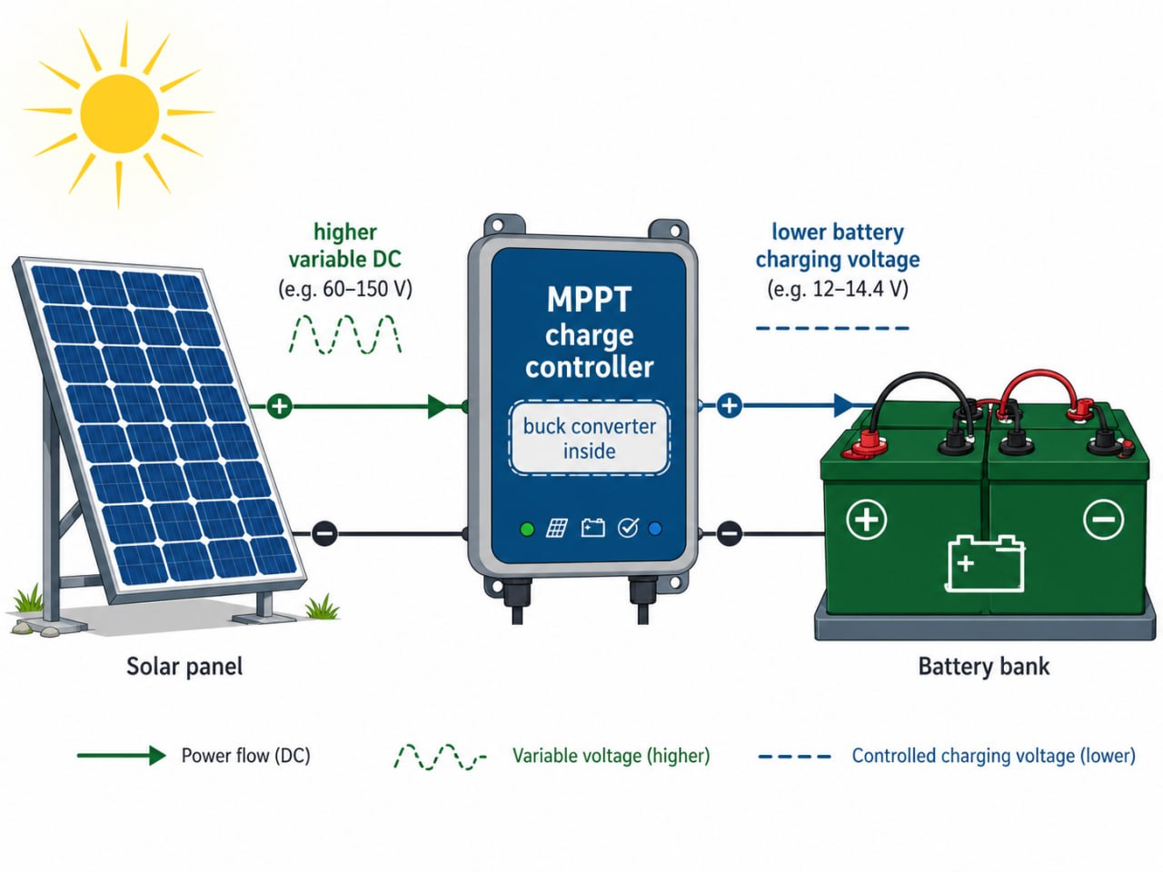 A solar charge controller stepping the panel voltage down to the battery