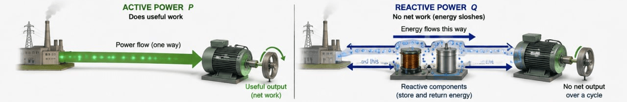 Active power flowing one way and doing work, beside reactive power sloshing back and forth with no net output