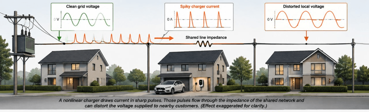 One home's spiky charger current travelling along the shared street wiring and distorting the neighbours' voltage