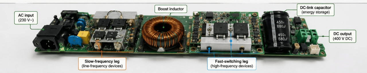 An annotated totem-pole PFC power board: AC input, slow-frequency leg, toroidal boost inductor, fast-switching leg, DC-link capacitor and DC output
